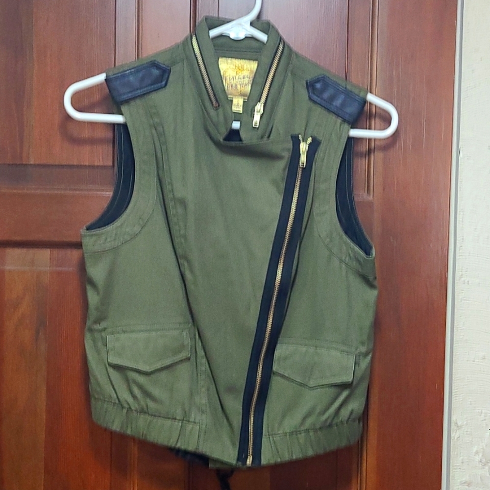 Army green zipper n leather embellish vest